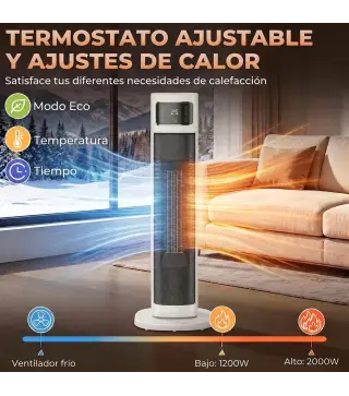 Calefactor Eléctrico de Cerámica con Termostato Regulable 4 Modos Panel Táctil Mando a Distancia Blanco