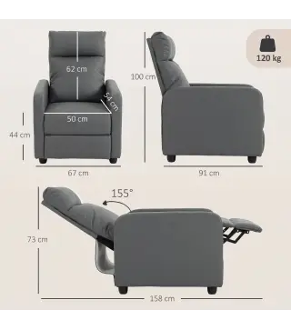 Sillón Relax Reclinable Manual hasta 155° Tapizado en PU Reposapiés Respaldo Alto Grueso y Asiento Amplio Gris