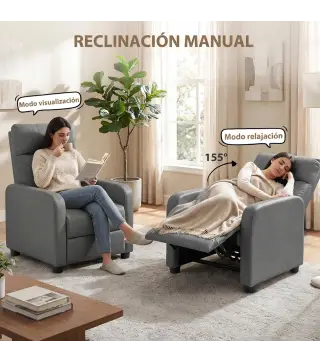 Sillón Relax Reclinable Manual hasta 155° Tapizado en PU Reposapiés Respaldo Alto Grueso y Asiento Amplio Gris
