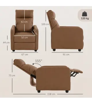 Sillón Relax Reclinable Manual hasta 155° Tapizado en PU Reposapiés Respaldo Alto Grueso y Asiento Amplio Marrón Oscuro