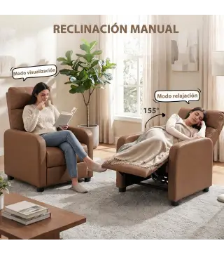 Sillón Relax Reclinable Manual hasta 155° Tapizado en PU Reposapiés Respaldo Alto Grueso y Asiento Amplio Marrón Oscuro