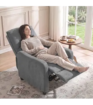Sillón Relax Reclinable Manual hasta 155° de Tejido Efecto Lino Reposapiés Muelles Ensacados Acolchado Grueso Gris