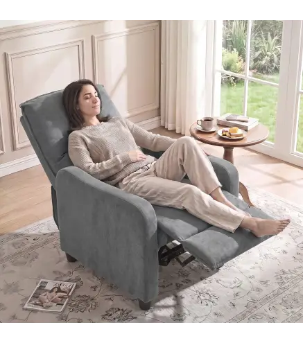 Sillón Relax Reclinable Manual hasta 155° de Tejido Efecto Lino Reposapiés Muelles Ensacados Acolchado Grueso Gris