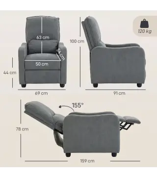 Sillón Relax Reclinable Manual hasta 155° de Tejido Efecto Lino Reposapiés Muelles Ensacados Acolchado Grueso Gris