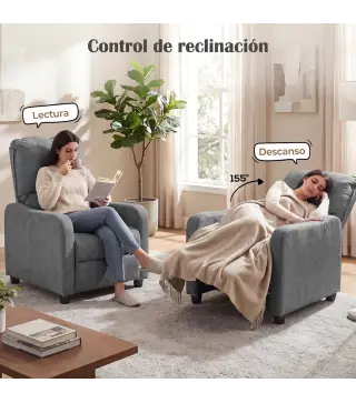 Sillón Relax Reclinable Manual hasta 155° de Tejido Efecto Lino Reposapiés Muelles Ensacados Acolchado Grueso Gris