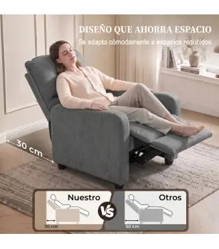 Sillón Relax Reclinable Manual hasta 155° de Tejido Efecto Lino Reposapiés Muelles Ensacados Acolchado Grueso Gris