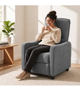 Sillón Relax Reclinable Manual hasta 155° de Tejido Efecto Lino Reposapiés Muelles Ensacados Acolchado Grueso Gris