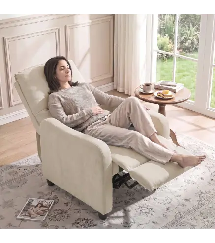 Sillón Relax Reclinable Manual hasta 155° de Tejido Efecto Lino Reposapiés Muelles Ensacados Acolchado Grueso Crema