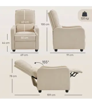 Sillón Relax Reclinable Manual hasta 155° de Tejido Efecto Lino Reposapiés Muelles Ensacados Acolchado Grueso Crema