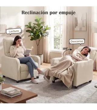 Sillón Relax Reclinable Manual hasta 155° de Tejido Efecto Lino Reposapiés Muelles Ensacados Acolchado Grueso Crema