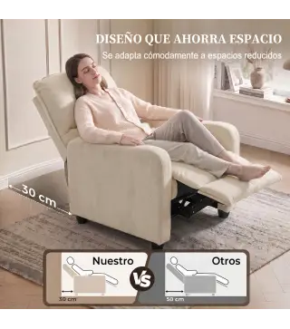 Sillón Relax Reclinable Manual hasta 155° de Tejido Efecto Lino Reposapiés Muelles Ensacados Acolchado Grueso Crema