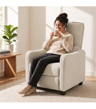 Sillón Relax Reclinable Manual hasta 155° de Tejido Efecto Lino Reposapiés Muelles Ensacados Acolchado Grueso Crema