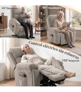 Sillón Relax Reclinable Eléctrico Levanta Personas Masaje Vibratorio y Calor Asiento Muelles Mando Portavasos Bolsillos