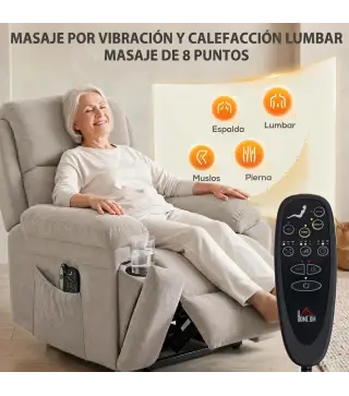 Sillón Relax Reclinable Eléctrico Levanta Personas Masaje Vibratorio y Calor Asiento Muelles Mando Portavasos Bolsillos
