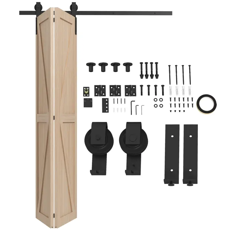 5FT/152CM Herrajes para Puerta Corredera Plegable para 2 Puertas con Riel para Granero Negro