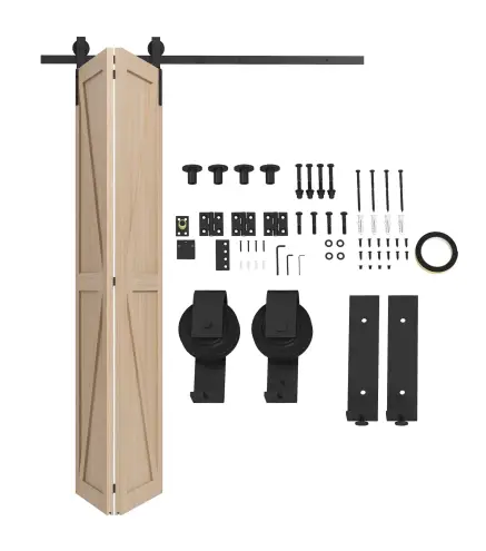 5FT/152CM Herrajes para Puerta Corredera Plegable para 2 Puertas con Riel para Granero Negro