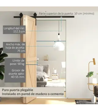 5FT/152CM Herrajes para Puerta Corredera Plegable para 2 Puertas con Riel para Granero Negro