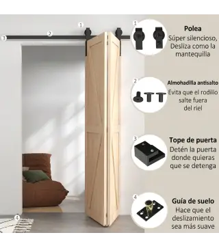 5FT/152CM Herrajes para Puerta Corredera Plegable para 2 Puertas con Riel para Granero Negro