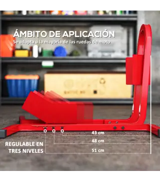 Caballete de Moto Delantera Soporte para Rueda Delantera de Moto Ajustable en 3 Niveles 60x55x43 cm Rojo