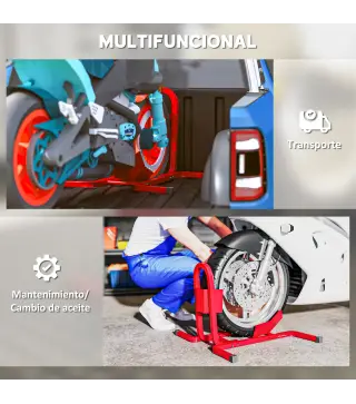 Caballete de Moto Delantera Soporte para Rueda Delantera de Moto Ajustable en 3 Niveles 60x55x43 cm Rojo