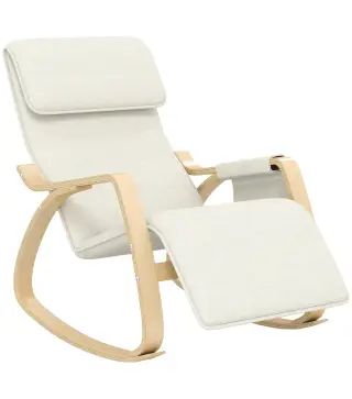 Silla Mecedora con Reposapiés Ajustable en 5 Posiciones Bolsillo Lateral Reposabrazos de Madera Reposacabezas Crema