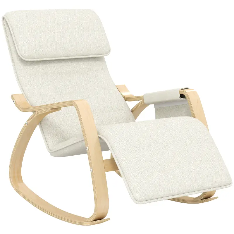 Silla Mecedora con Reposapiés Ajustable en 5 Posiciones Bolsillo Lateral Reposabrazos de Madera Reposacabezas Crema Silla Mecedora con Reposapiés Ajustable en 5 Posiciones Bolsillo Lateral Reposabrazos de Madera Reposacabezas Crema