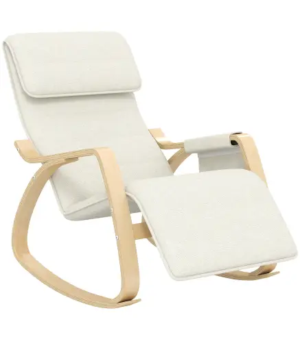 Silla Mecedora con Reposapiés Ajustable en 5 Posiciones Bolsillo Lateral Reposabrazos de Madera Reposacabezas Crema