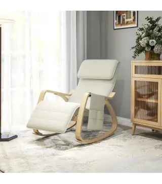 Silla Mecedora con Reposapiés Ajustable en 5 Posiciones Bolsillo Lateral Reposabrazos de Madera Reposacabezas Crema