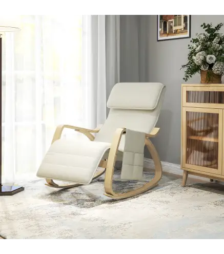 Silla Mecedora con Reposapiés Ajustable en 5 Posiciones Bolsillo Lateral Reposabrazos de Madera Reposacabezas Crema