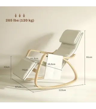 Silla Mecedora con Reposapiés Ajustable en 5 Posiciones Bolsillo Lateral Reposabrazos de Madera Reposacabezas Crema