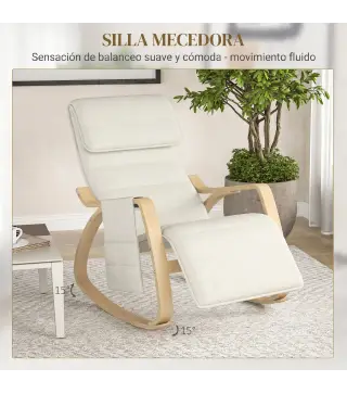 Silla Mecedora con Reposapiés Ajustable en 5 Posiciones Bolsillo Lateral Reposabrazos de Madera Reposacabezas Crema