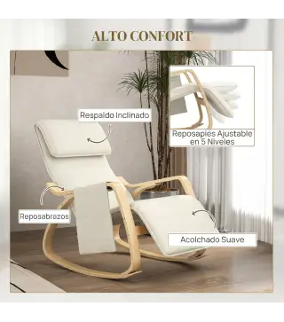 Silla Mecedora con Reposapiés Ajustable en 5 Posiciones Bolsillo Lateral Reposabrazos de Madera Reposacabezas Crema