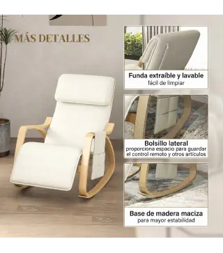 Silla Mecedora con Reposapiés Ajustable en 5 Posiciones Bolsillo Lateral Reposabrazos de Madera Reposacabezas Crema
