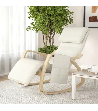 Silla Mecedora con Reposapiés Ajustable en 5 Posiciones Bolsillo Lateral Reposabrazos de Madera Reposacabezas Crema