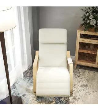 Silla Mecedora con Reposapiés Ajustable en 5 Posiciones Bolsillo Lateral Reposabrazos de Madera Reposacabezas Crema