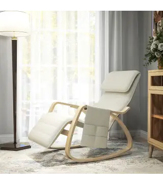 Silla Mecedora con Reposapiés Ajustable en 5 Posiciones Bolsillo Lateral Reposabrazos de Madera Reposacabezas Crema