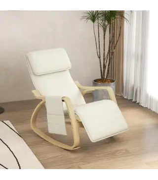 Silla Mecedora con Reposapiés Ajustable en 5 Posiciones Bolsillo Lateral Reposabrazos de Madera Reposacabezas Crema