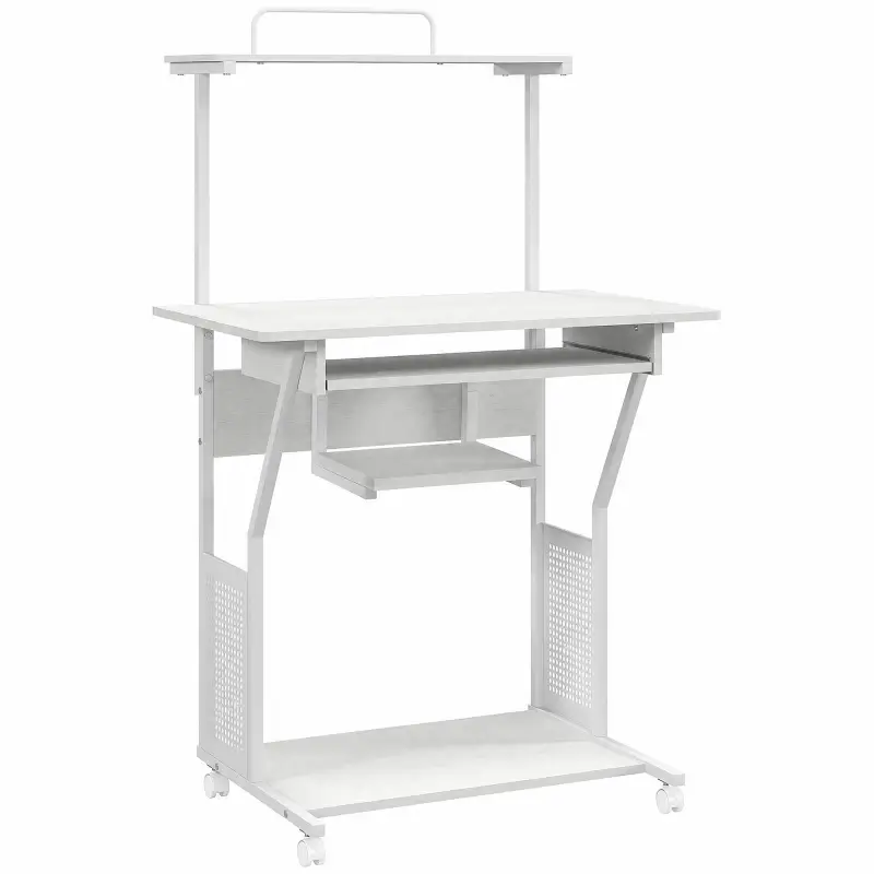 Mesa Escritorio de Ordenador Móvil con Bandeja para Teclado Estante para CPU Estantes y Ruedas 80x50x130 cm Blanco