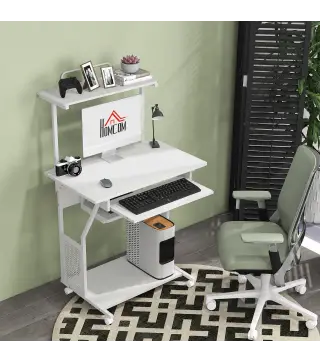 Mesa Escritorio de Ordenador Móvil con Bandeja para Teclado Estante para CPU Estantes y Ruedas 80x50x130 cm Blanco