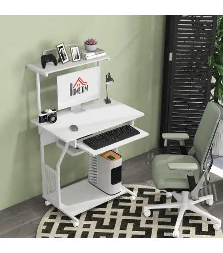 Mesa Escritorio de Ordenador Móvil con Bandeja para Teclado Estante para CPU Estantes y Ruedas 80x50x130 cm Blanco