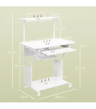 Mesa Escritorio de Ordenador Móvil con Bandeja para Teclado Estante para CPU Estantes y Ruedas 80x50x130 cm Blanco