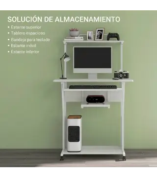 Mesa Escritorio de Ordenador Móvil con Bandeja para Teclado Estante para CPU Estantes y Ruedas 80x50x130 cm Blanco