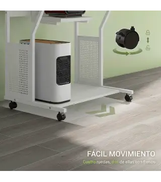Mesa Escritorio de Ordenador Móvil con Bandeja para Teclado Estante para CPU Estantes y Ruedas 80x50x130 cm Blanco