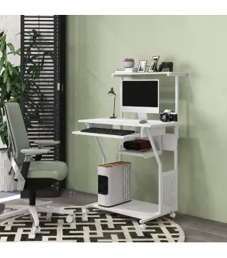 Mesa Escritorio de Ordenador Móvil con Bandeja para Teclado Estante para CPU Estantes y Ruedas 80x50x130 cm Blanco