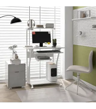 Mesa Escritorio de Ordenador Móvil con Bandeja para Teclado Estante para CPU Estantes y Ruedas 80x50x130 cm Blanco