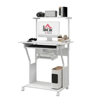 Mesa Escritorio de Ordenador Móvil con Bandeja para Teclado Estante para CPU Estantes y Ruedas 80x50x130 cm Blanco