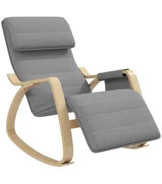 Silla Mecedora con Reposapiés Ajustable en 5 Posiciones Bolsillo Lateral Reposabrazos de Madera Reposacabezas Gris