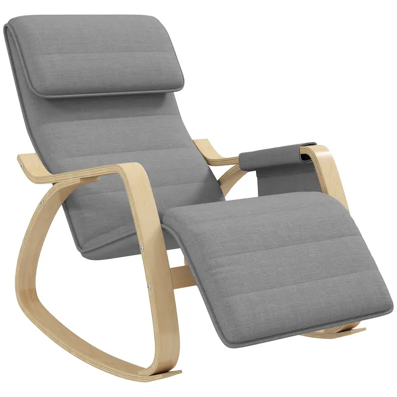 Silla Mecedora con Reposapiés Ajustable en 5 Posiciones Bolsillo Lateral Reposabrazos de Madera Reposacabezas Gris Silla Mecedora con Reposapiés Ajustable en 5 Posiciones Bolsillo Lateral Reposabrazos de Madera Reposacabezas Gris