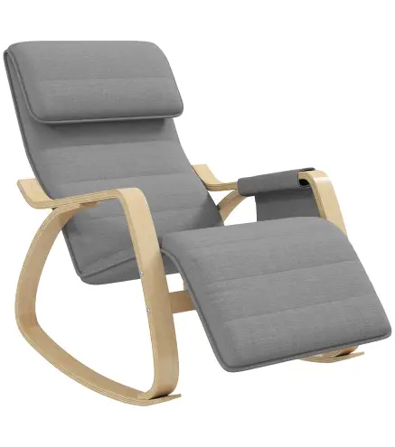 Silla Mecedora con Reposapiés Ajustable en 5 Posiciones Bolsillo Lateral Reposabrazos de Madera Reposacabezas Gris