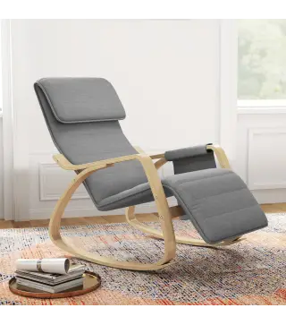 Silla Mecedora con Reposapiés Ajustable en 5 Posiciones Bolsillo Lateral Reposabrazos de Madera Reposacabezas Gris